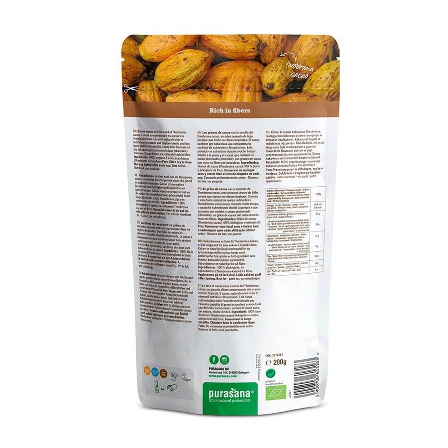 Purasana Fave di cacao biologiche superfood 200 g