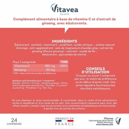 Vitavea Santé Vitaminas C + Ginseng Tonus 24 Comprimidos Masticables