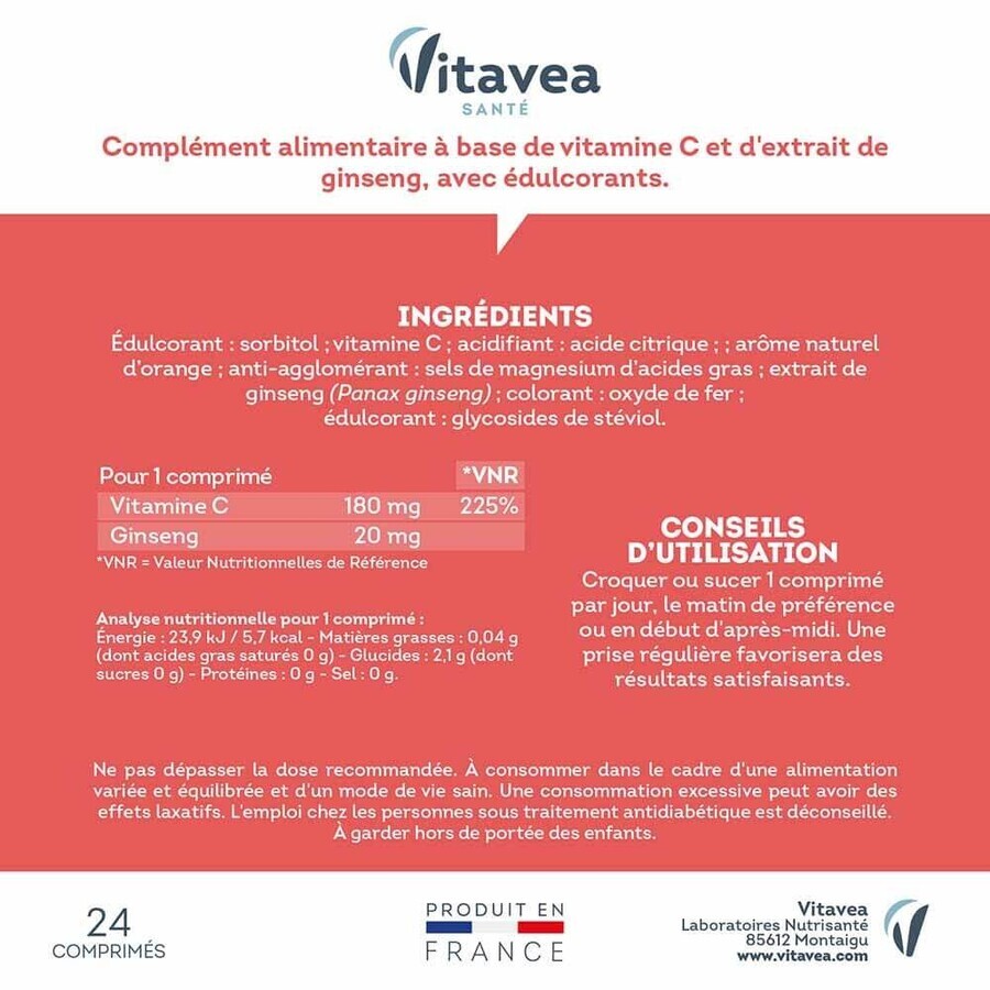 Vitavea Santé Vitamins C + Ginseng Tonus 24 Chewable Tablets