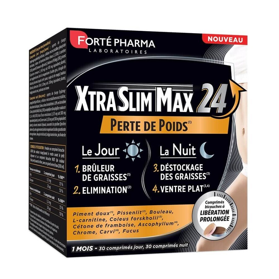 Forté Pharma XtraSlim Max Quemagrasas 24h 4 Acciones Adelgazantes Día y Noche 60 comprimidos masticables