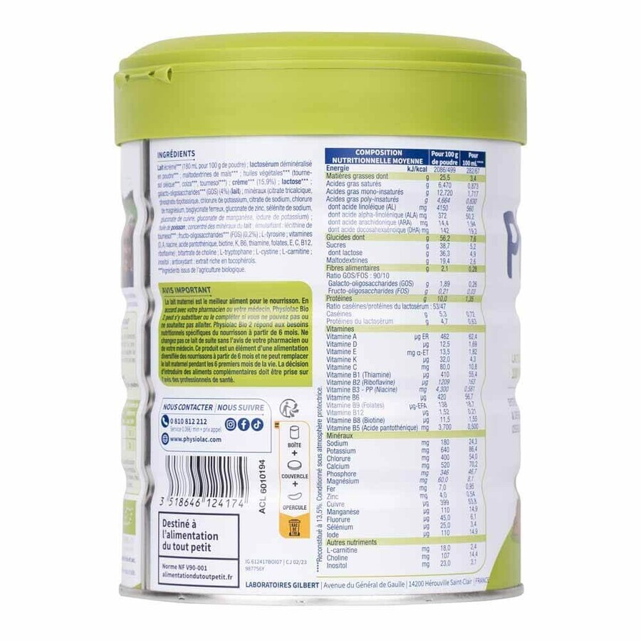 Physiolac Lait En Poudre 2 Bio De 6 à 12 mois