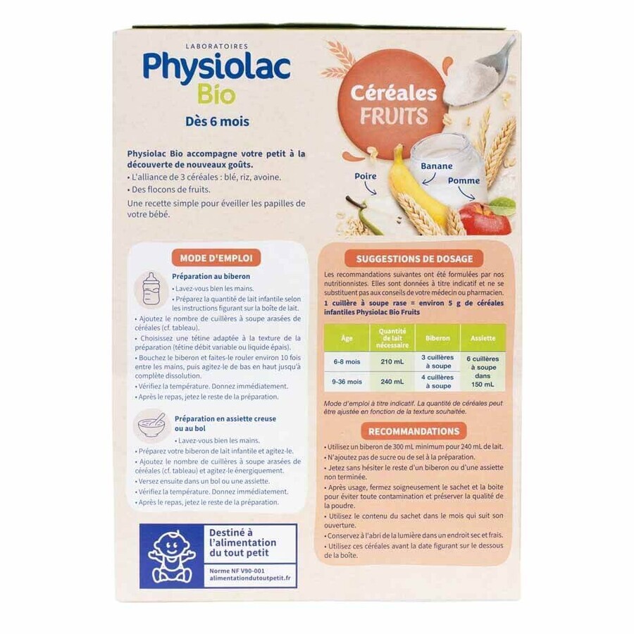 Physiolac Cereal Fruit Banana Apple Pear 6 Months Organic 200g