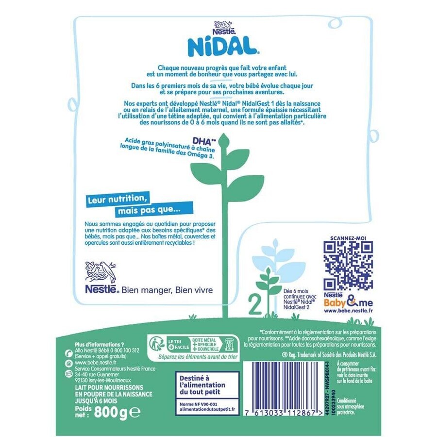 Nestlé Nidal Lait En Poudre NidalGest 1 Formule Épaissie De 0 À 6 Mois 800g