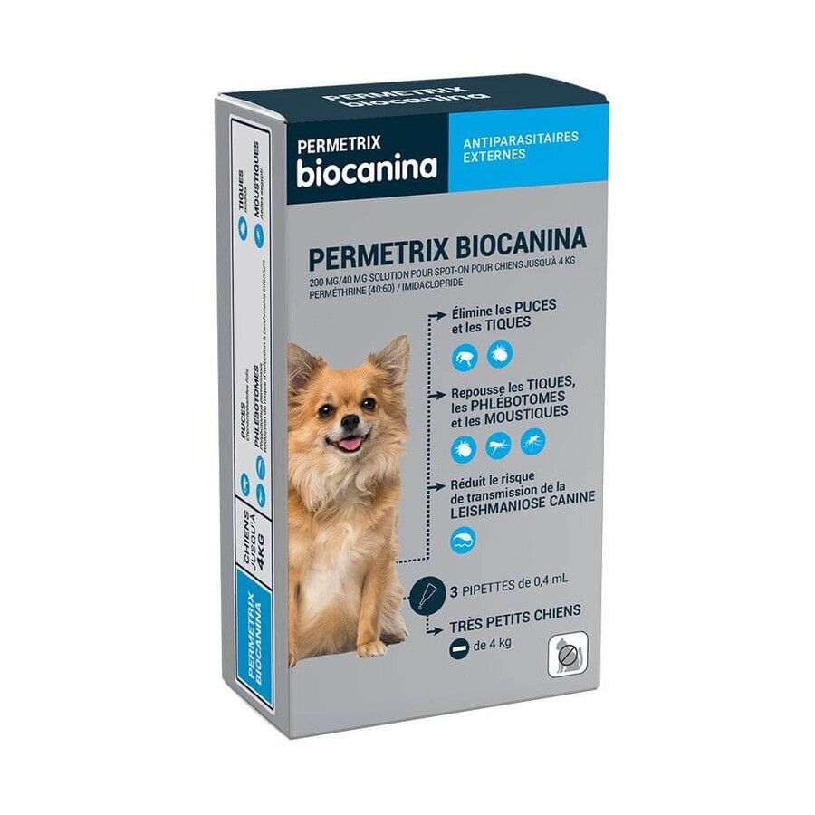 Biocanina Antiparassitario esterno Soluzione mirata per Cane di taglia molto piccola fino a 4 kg Permetrix 3 pipette