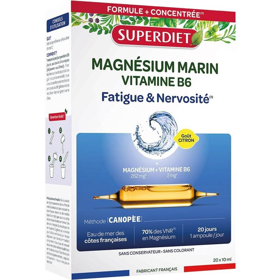 Superdiet Marine Magnesium Vitamines B6 Vermoeidheid en nervositeit 20x10ml ampullen