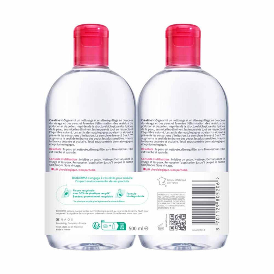 Bioderma Crealine Eau Micellaire H2O Sans parfum 2x500ml