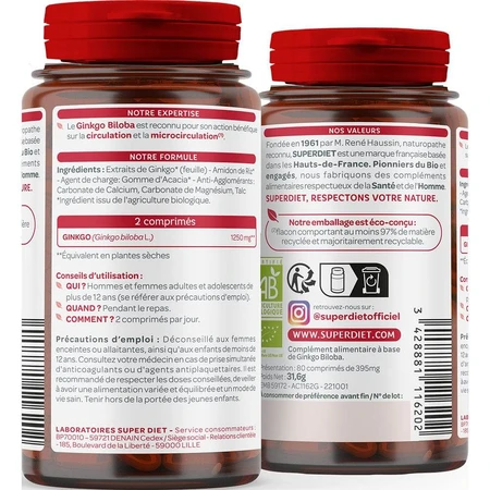 Superdiet Ginkgo Biloba Bio 80 comprimés