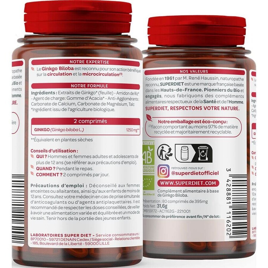 Superdiet Organic Ginkgo Biloba 80 comprimés Superdiet Organic Ginkgo Biloba 80 comprimés