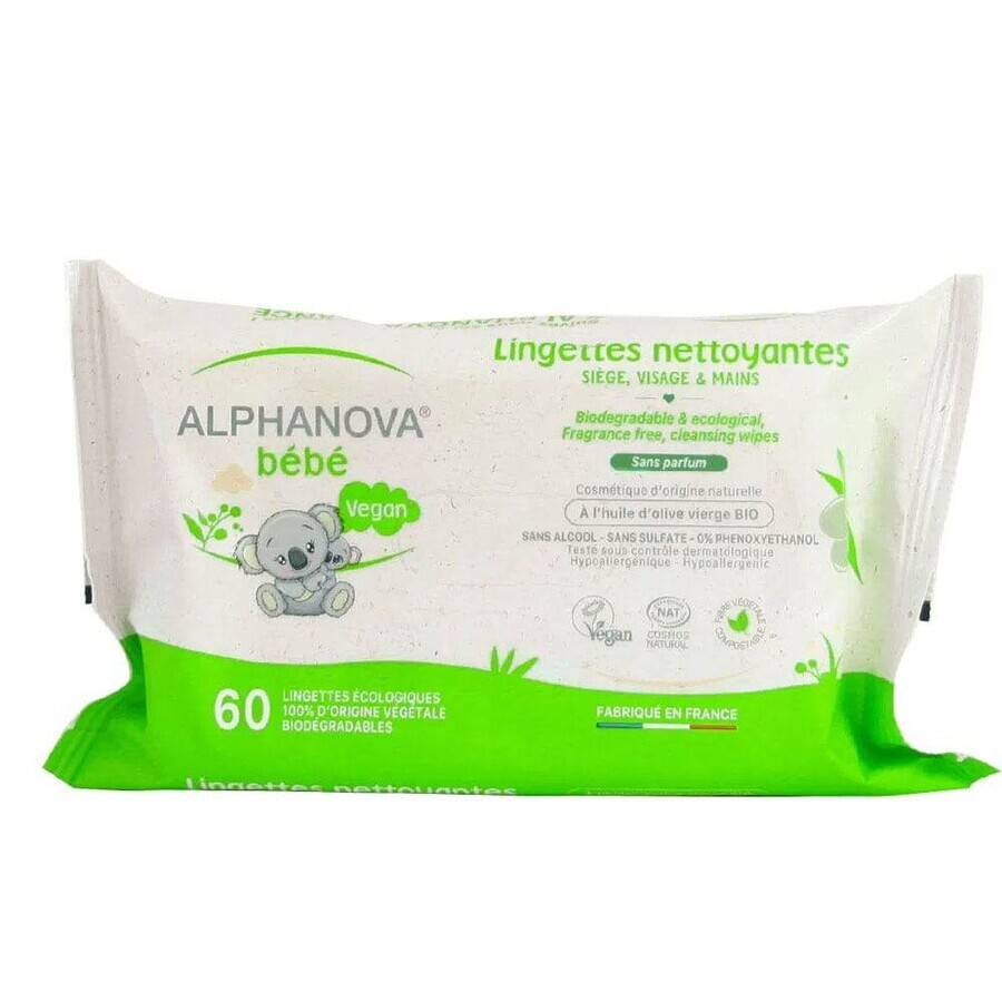 Alphanova Bébé Cleansing Wipes Sitz, Gesicht und Hände x60