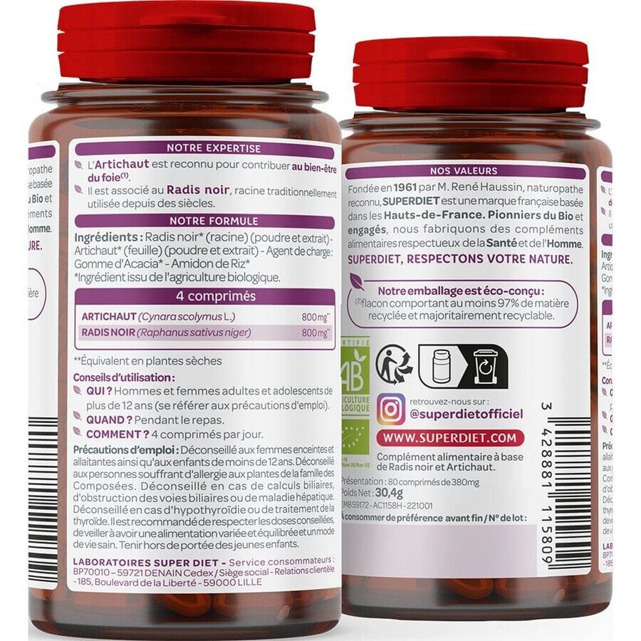 Superdiet Radis Noir Artichaut Bio Bien être du foie 80 comprimés Superdiet Radis Noir Artichaut Bio Bien être du foie 80 comprimés