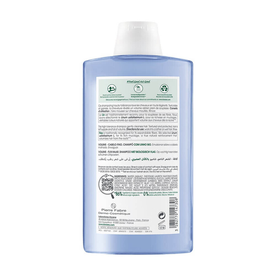 Klorane Șampon volumizator cu semințe de in pentru păr fin Bio 400 ml