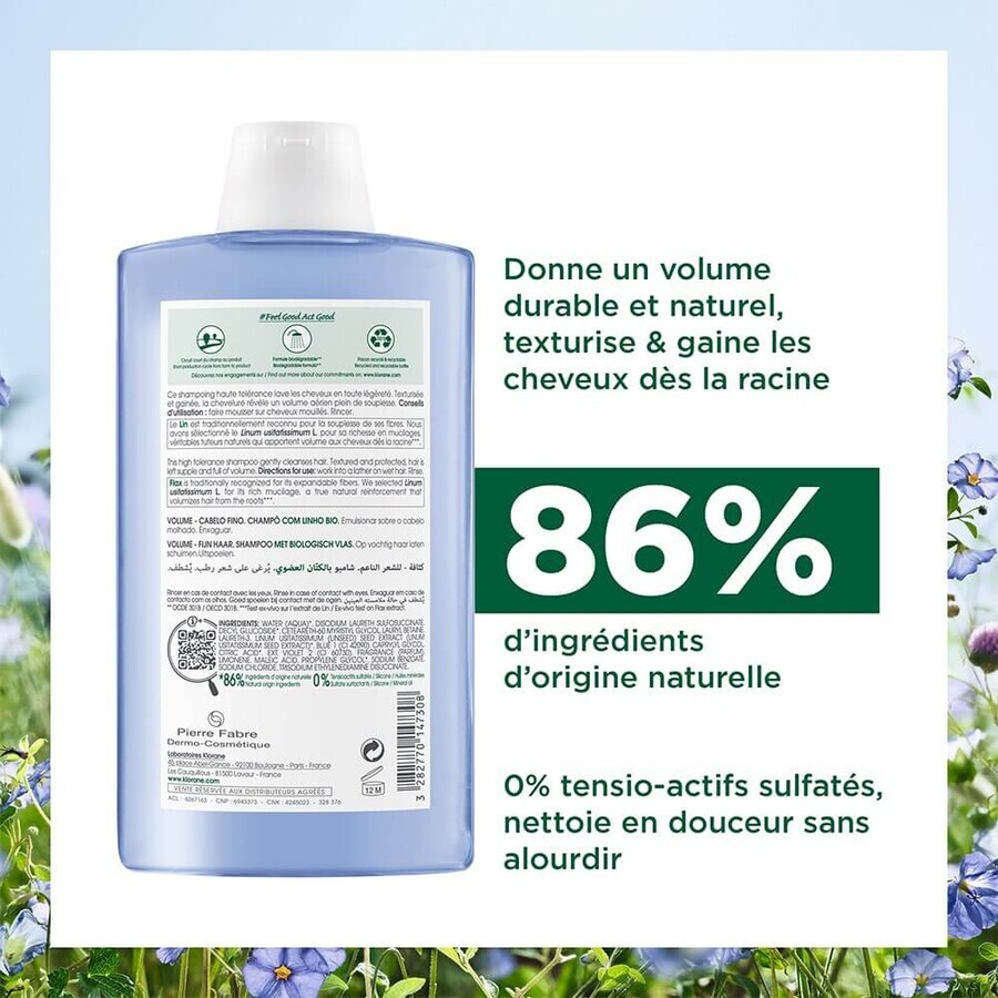 Klorane Șampon volumizator cu semințe de in pentru păr fin Bio 400 ml