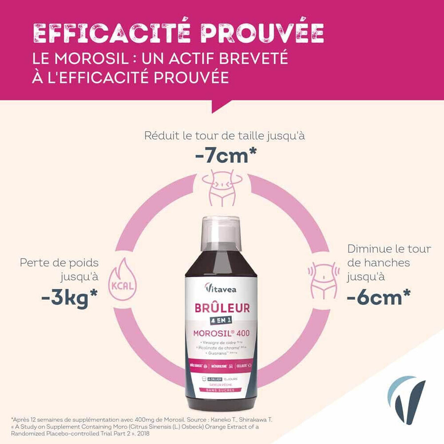 Vitavea Santé Bruciatore Morosil 4 in 1 Brucia grassi Cellulite Metabolismo Sapore di pesca 500ml Vitavea Santé Bruciatore Morosil 4 in 1 Brucia grassi Cellulite Metabolismo Sapore di pesca 500ml