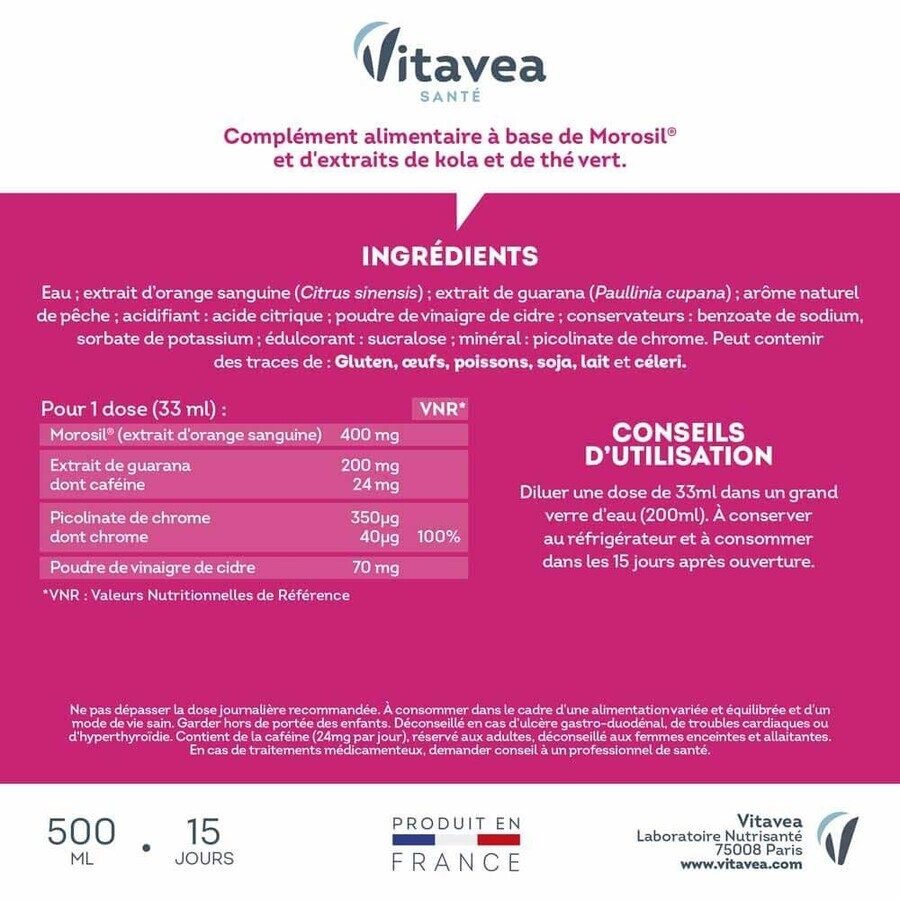 Vitavea Santé Bruciatore Morosil 4 in 1 Brucia grassi Cellulite Metabolismo Sapore di pesca 500ml Vitavea Santé Bruciatore Morosil 4 in 1 Brucia grassi Cellulite Metabolismo Sapore di pesca 500ml