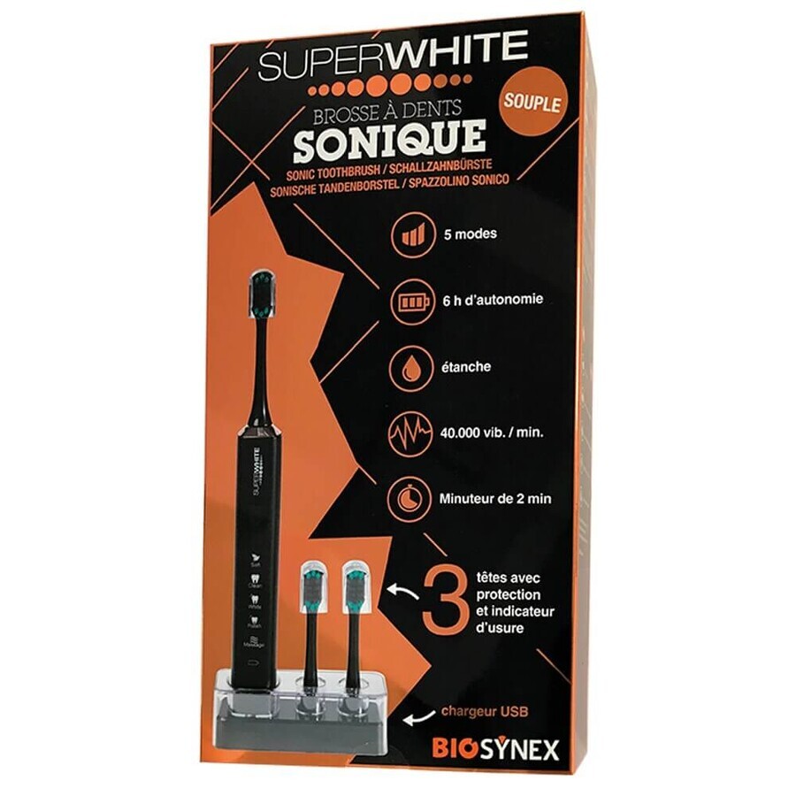Superwhite Brosse a dents Sonique souple BLACK + 3 têtes Superwhite Brosse a dents Sonique souple BLACK + 3 têtes