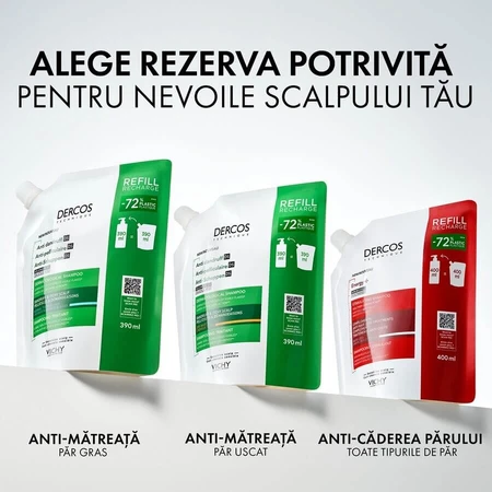 Rezerva eco sampon anti-matreata pentru par normal-gras Dercos, 390 ml, Vichy