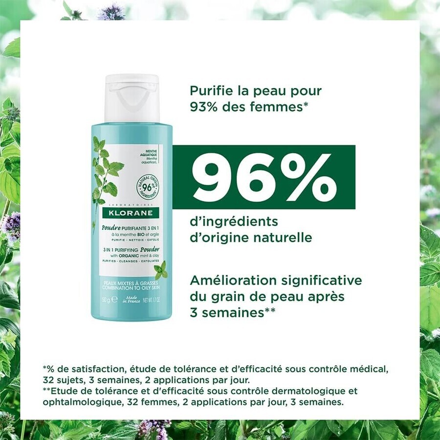 Klorane Aquatic Mint Pulbere purificatoare 3 în 1 Bio 50g Klorane Aquatic Mint Pulbere purificatoare 3 în 1 Bio 50g