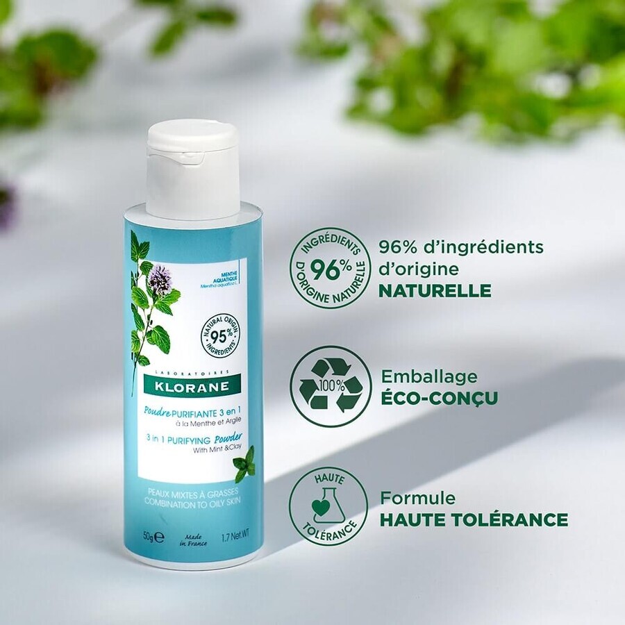 Klorane Aquatic Mint Pulbere purificatoare 3 în 1 Bio 50g Klorane Aquatic Mint Pulbere purificatoare 3 în 1 Bio 50g