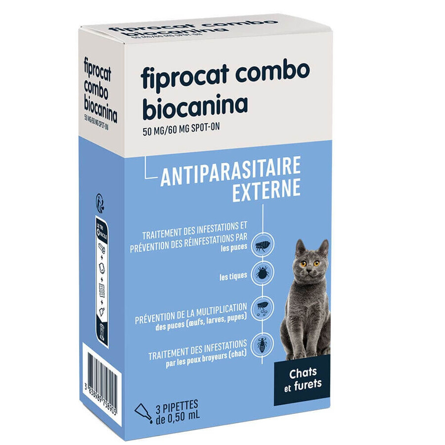 Biocanina Antiparasitaire externe Solution pour Spot-On Chats et Furets Fiprocat Combo 3 pipettes