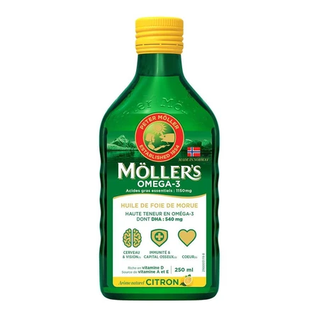 Moller'S Omega-3 aceite de hígado de bacalao líquido, aroma natural de limón 250 ml