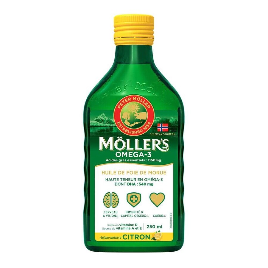 Moller'S Omega-3 ulei de ficat de cod lichid, aromă naturală de lămâie 250 ml