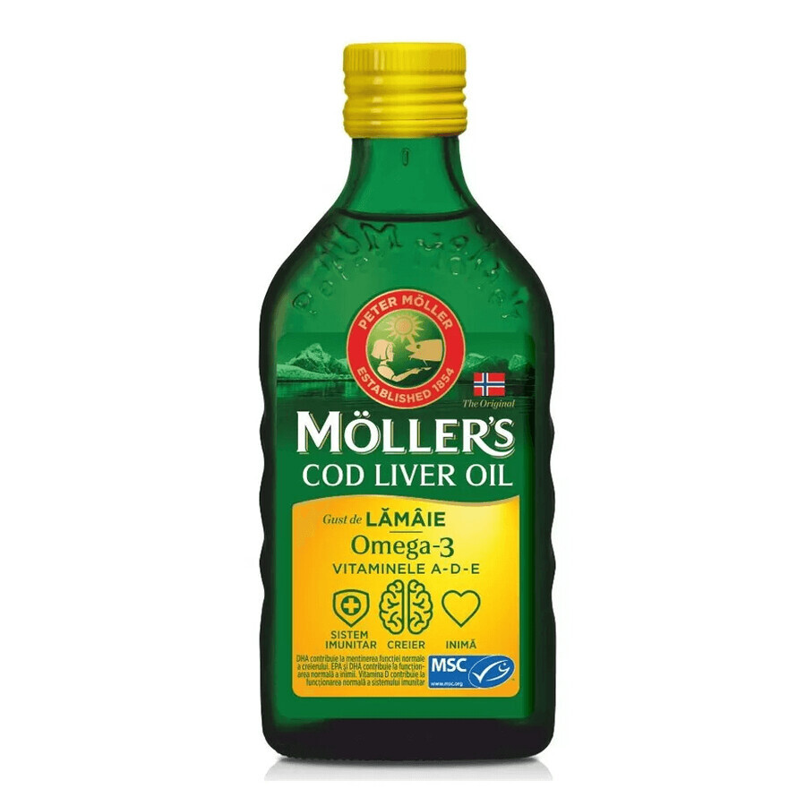 Moller'S Omega-3 aceite de hígado de bacalao líquido, aroma natural de limón 250 ml