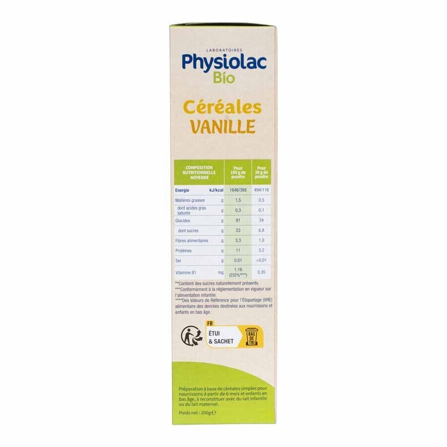 Physiolac Cereal Blue Rice Vanilla Oats 6 months Organic 200g