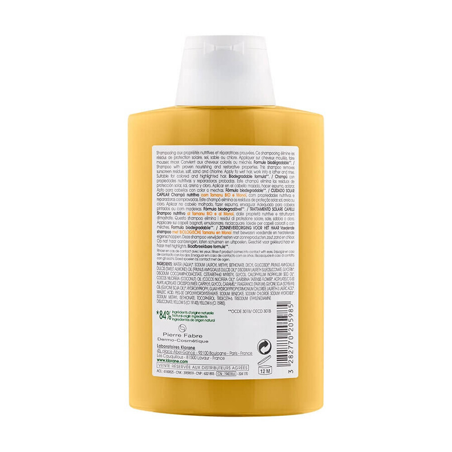 Klorane Soleil Shampooing Nutritif au Tamanu bio et au Monoï cheveux exposés 200ml