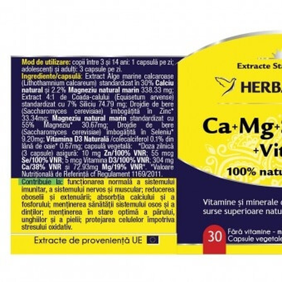 Ca+Mg+Se+Si+Zn cu vitamina D3, 30 capsule, Herbagetica