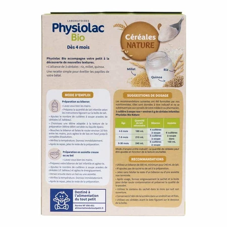 Physiolac Cereales Riz Millet Quinoa Bio Physiolac Dès 4 mois 200g