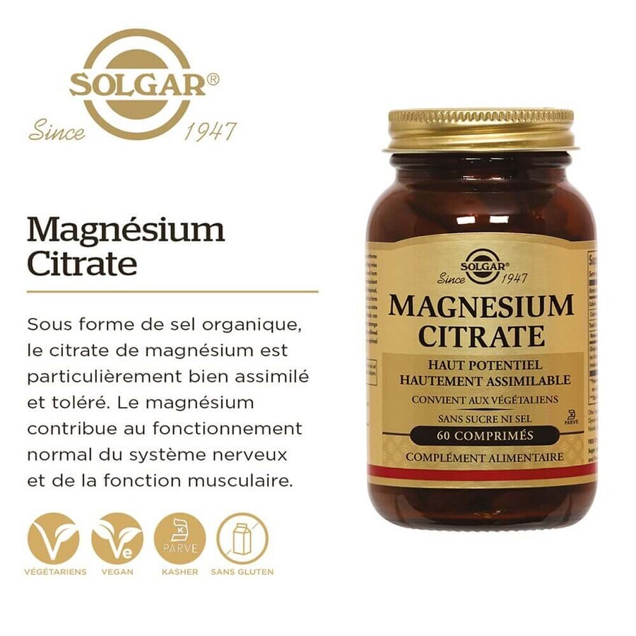 Solgar Magnesio citrato Fatiga Vitalité 60 Comprimés