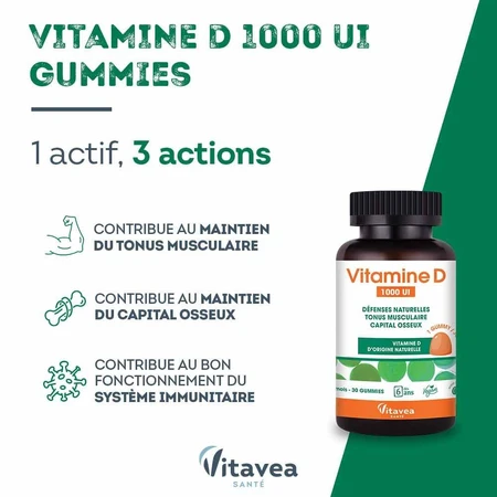 Vitavea Santé Vitamine D 1000 IU Défenses naturelles et capital osseux 30 gommine