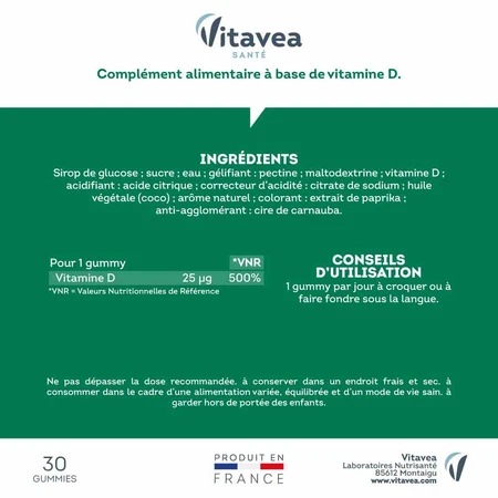 Vitavea Santé Vitamine D 1000 IU Défenses naturelles et capital osseux 30 gommine