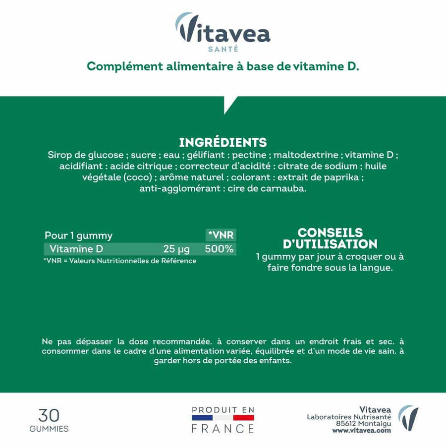 Vitavea Santé Vitamine D 1000 UI Défenses naturelles et capital osseux 30 gommine