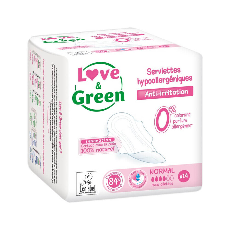 Love&Green Tampoane hipoalergenice anti-iritare cu aripi Flux normal - 14 bucăți 14 servețele