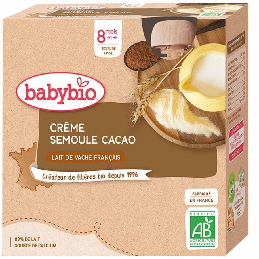 Babybio Creamy Organic Cocoa Semolina 8 Months Dairy Dessert 4x85g