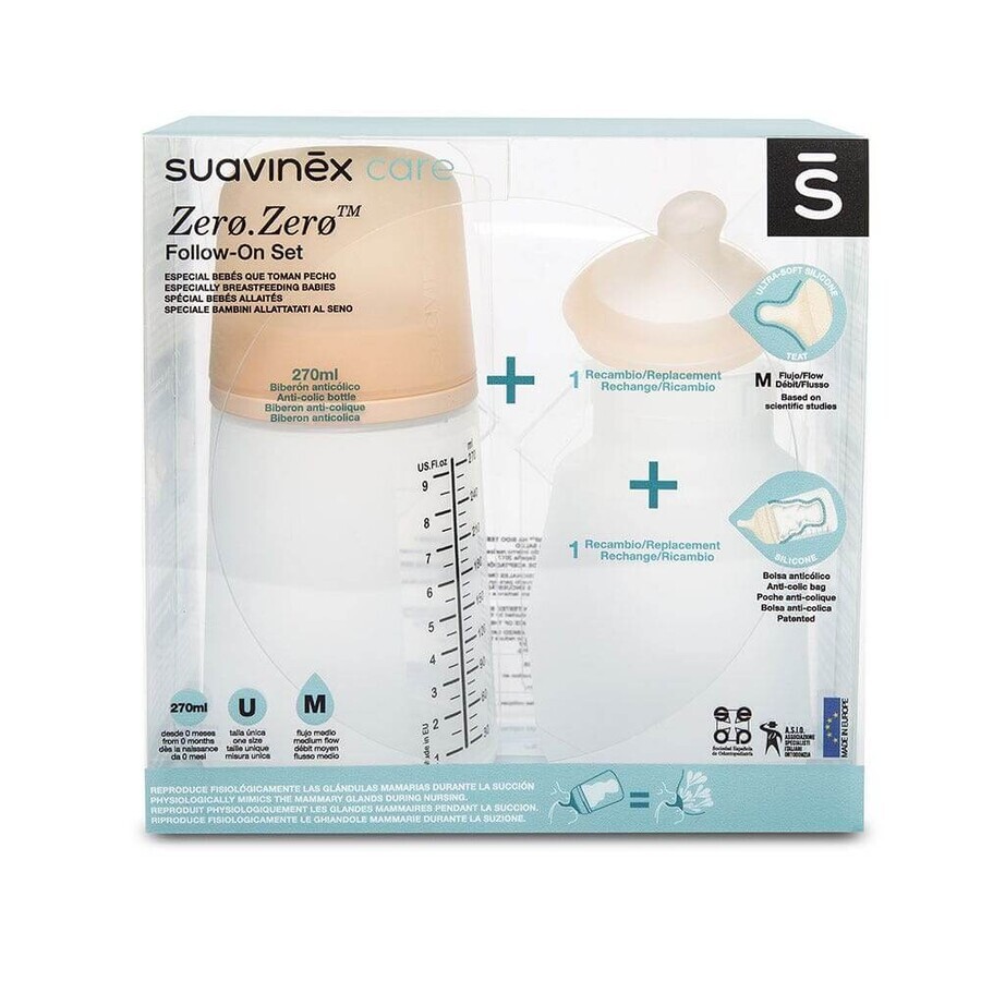 Suavinex Zero 270ml zuigfles + speen M + siliconen zakje 270ml