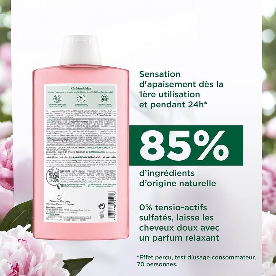 Klorane Peony Soothing shampoo for sensitive organic scalp 400ml