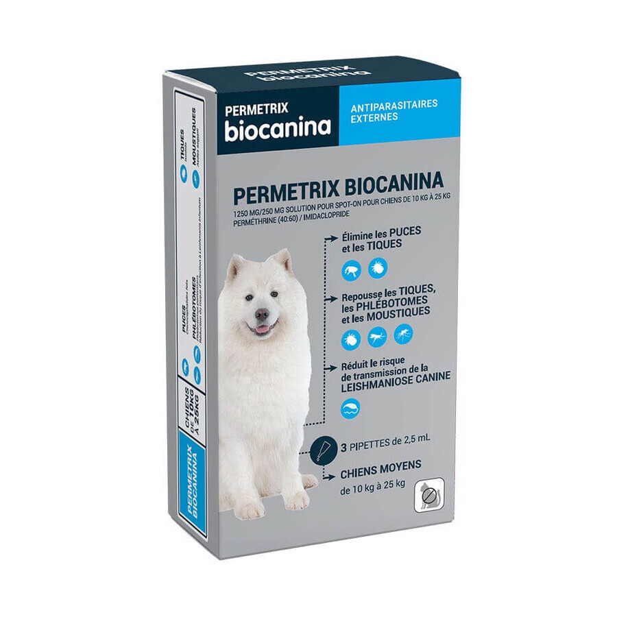 Biocanine External Antiparasitic Solution Spot-On für mittelgroße Hunde von 10 bis 25 kg permetrix 3 Pipetten