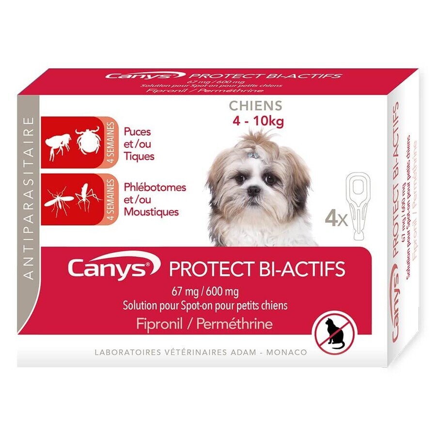 Buy Canys Protec Bi-actifs 67mg/600 mg spot-on solution (4-10kg) 4x1.10ml Canys Protec Bi-actifs 67mg/600 mg spot-on solution (4-10kg) 4x1.10ml