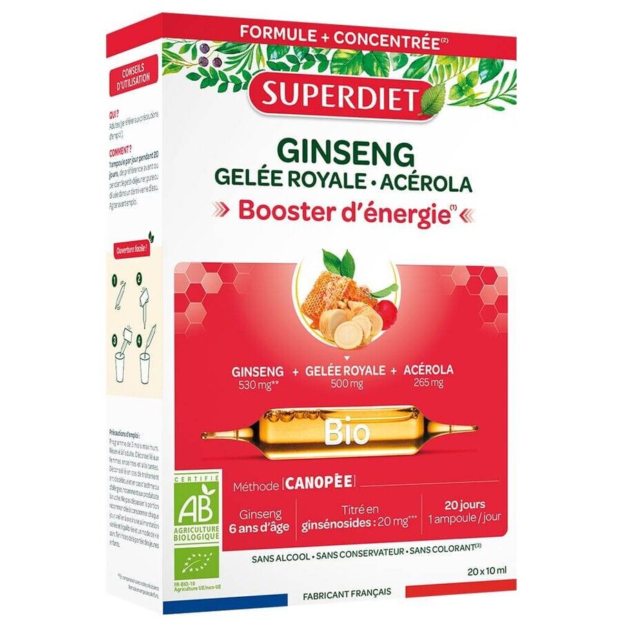 Superdiet Ginseng Gelée Royale Acerola Bio Booster d'énergie 20x10ml