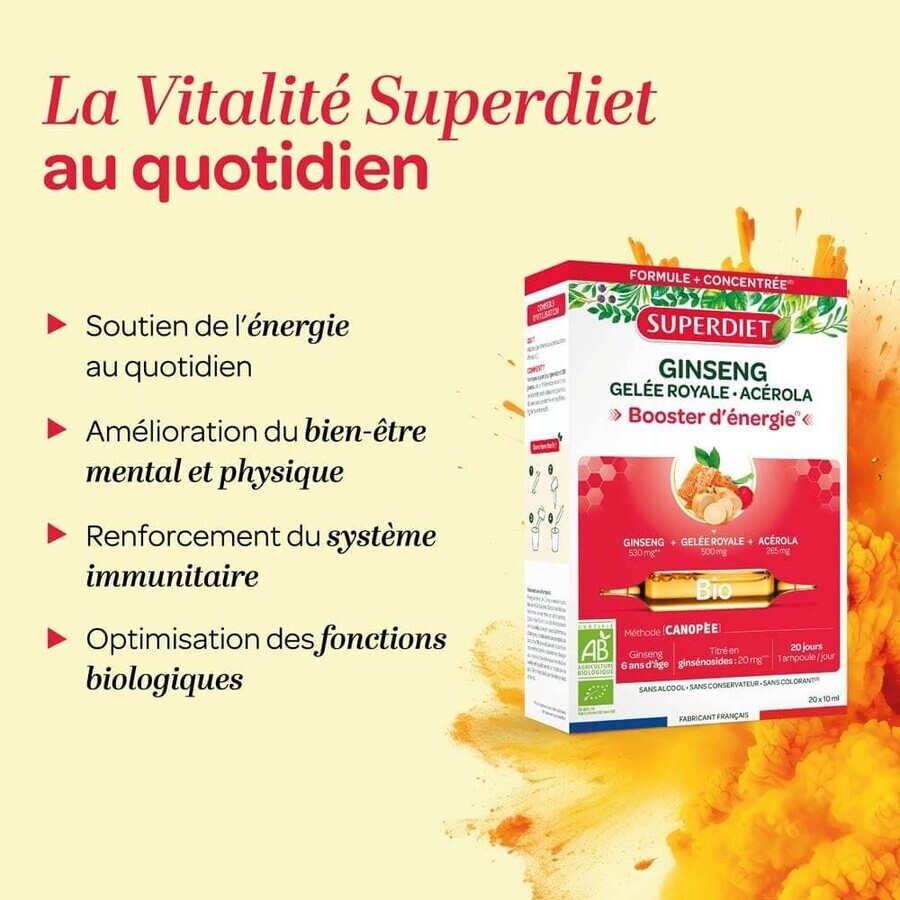 Superdiet Ginseng Gelée Royale Acerola Bio Booster d'énergie 20x10ml