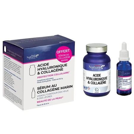 Pharm Nature Micronutrition Acide hyaluronique & collageen 60 gélules Nature Attitude + Sérum au Collagen Marin 30 ml Offert