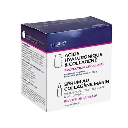 Pharm Nature Micronutrition Acide hyaluronique & collageen 60 gélules Nature Attitude + Sérum au Collagen Marin 30 ml Offert