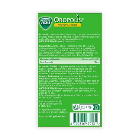 Vicks Oropolis Propolis Honig und Zitrone 20 beruhigende Lutschtabletten für die Kehle