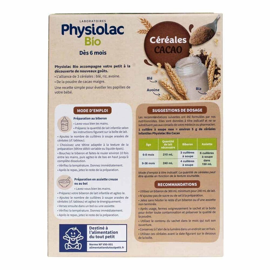 Physiolac Cereal Cocoa Organic Des 6 Mois Bio 200g