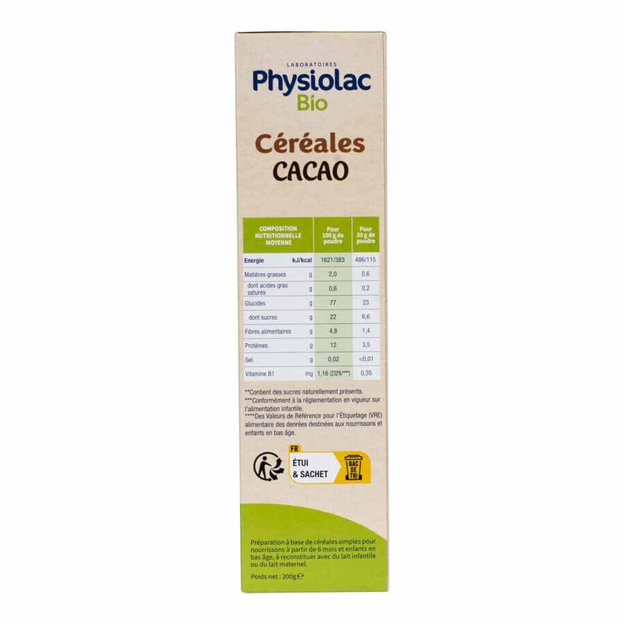 Physiolac Cereal Cocoa Organic Des 6 Mois Bio 200g