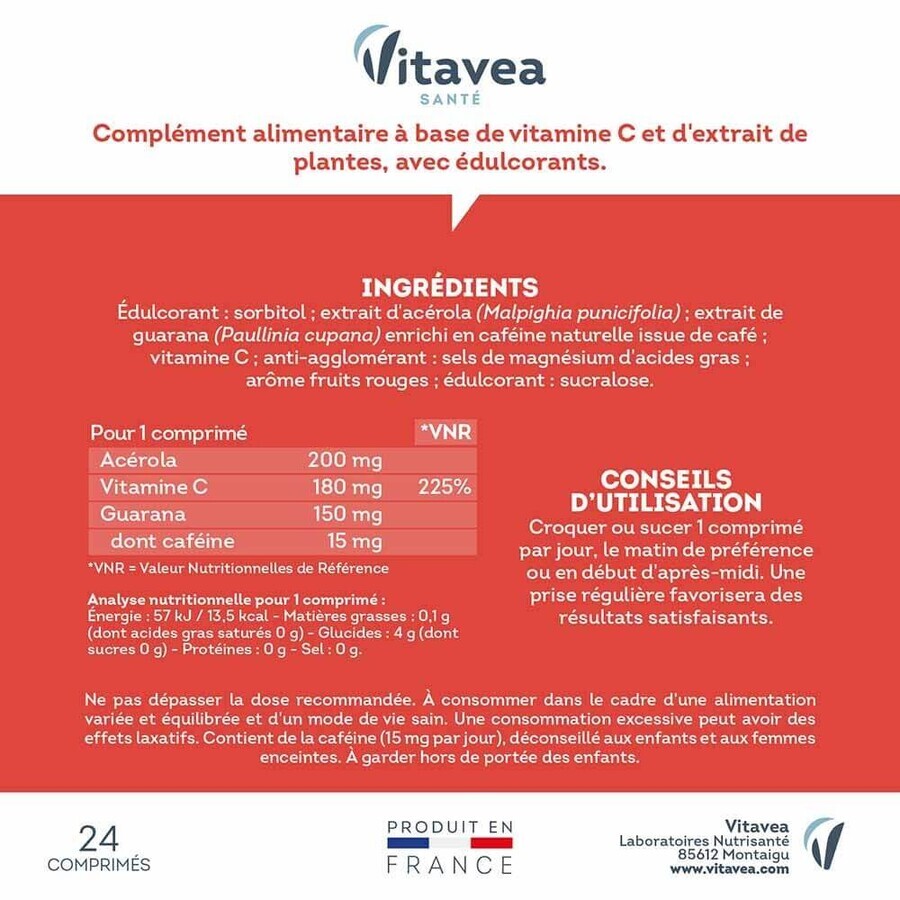 Vitavea Santé Vitamins C + Guarana Booster 24 Chewable Tablets