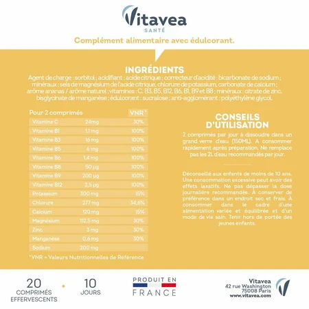 Vitavea Santé Isotonische Lösung Optimiert Flüssigkeitszufuhr und Energie 20 Brausetabletten