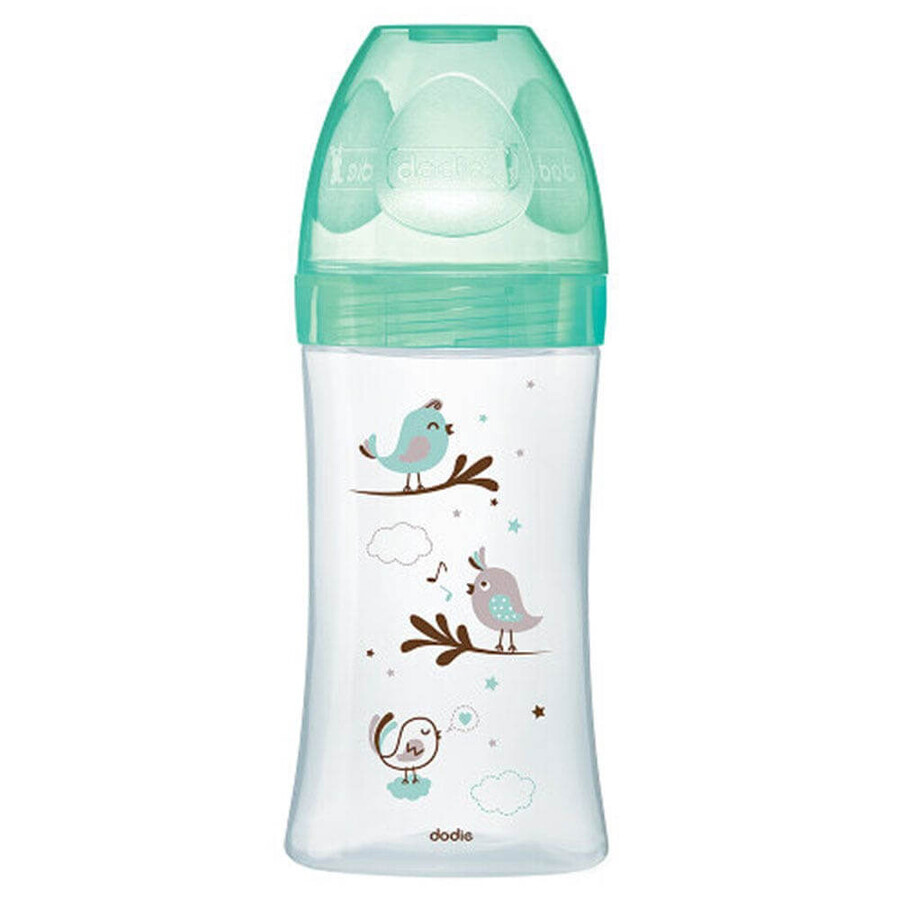Dodie Flow 3 0 - 6 Months Green Birds 270 ml Anti-Colic Glass Bottle